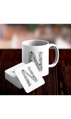 N Harfi Tasarımlı Kupa ve Bardak Altlığı Seti