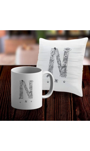 N Harfi Tasarımlı Kupa ve Yastık Kılıfı Hediye Seti