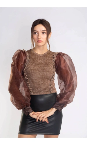 Organze Balon Kol Bluz-KAHVERENGİ