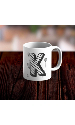 Özel Tasarım K Harfi Beyaz Kupa Bardak