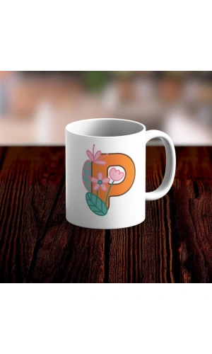 Özel Tasarım P Harfi Beyaz Kupa Bardak