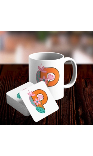 P Harfi Tasarımlı Kupa ve Bardak Altlığı Seti