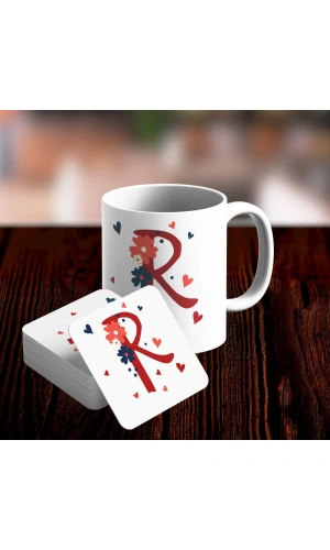 R Harfi Tasarımlı Kupa ve Bardak Altlığı Seti