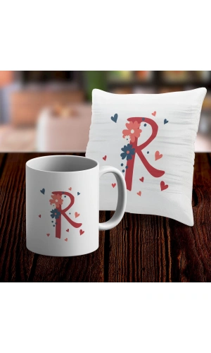 R Harfi Tasarımlı Kupa ve Yastık Kılıfı Hediye Seti