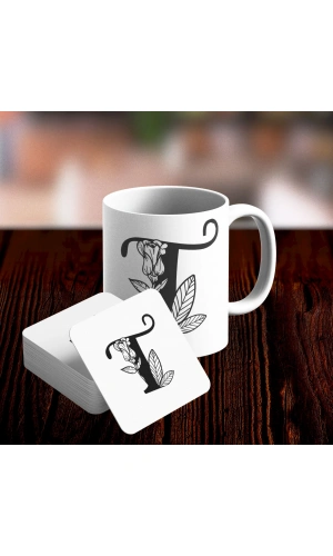 T Harfi Tasarımlı Kupa ve Bardak Altlığı Seti