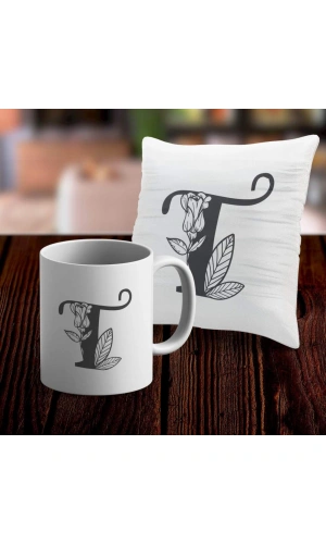 T Harfi Tasarımlı Kupa ve Yastık Kılıfı Hediye Seti