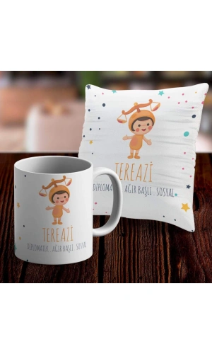 Terazi Tasarımlı Sevimli Kupa ve Yastık Kılıfı Seti