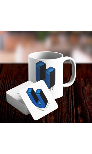 U Harfi Tasarımlı Kupa ve Bardak Altlığı Seti