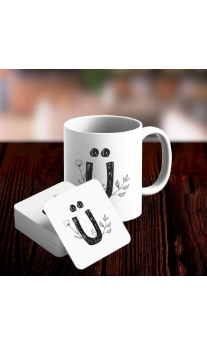 Ü Harfi Tasarımlı Kupa ve Bardak Altlığı Seti