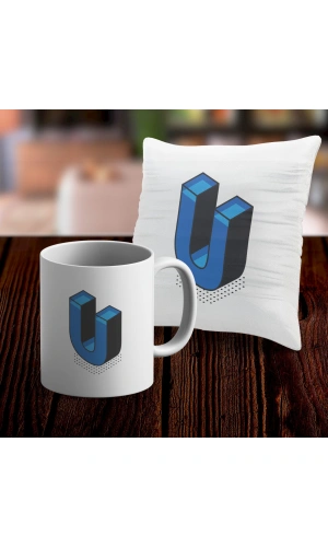 U Harfi Tasarımlı Kupa ve Yastık Kılıfı Hediye Seti