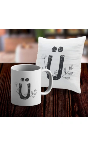 Ü Harfi Tasarımlı Kupa ve Yastık Kılıfı Hediye Seti