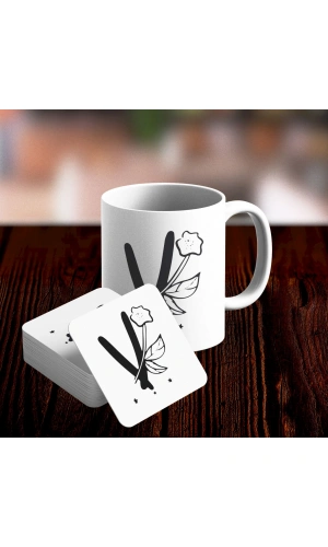 V Harfi Tasarımlı Kupa ve Bardak Altlığı Seti