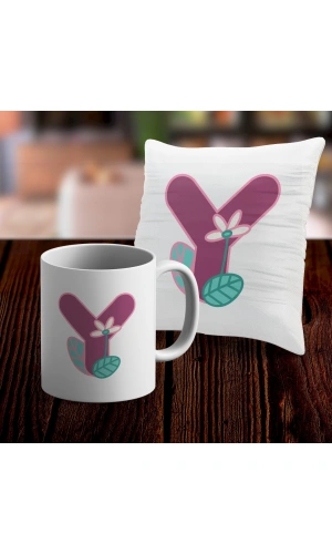 Y Harfi Tasarımlı Kupa ve Yastık Kılıfı Hediye Seti