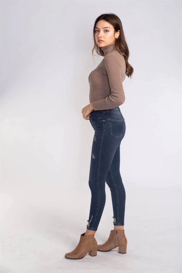 Yırtık Detaylı Skinny Jean Pantolon-LACİVERT