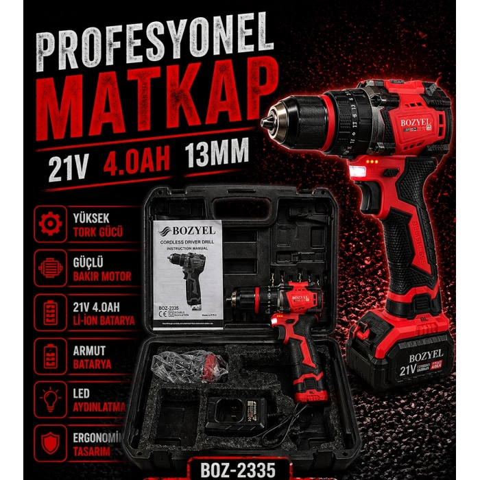 Profesyonel Akülü Armut Matkap 21V 4.0AH 13MM BOZ-2335