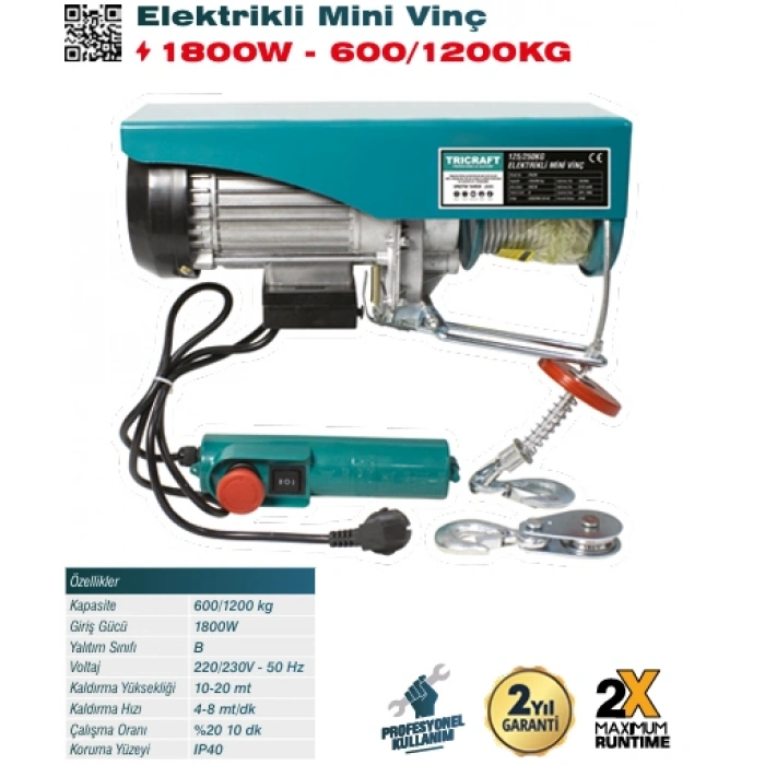 Elektrikli Mini Vinç 600/1200KG 1800W 936