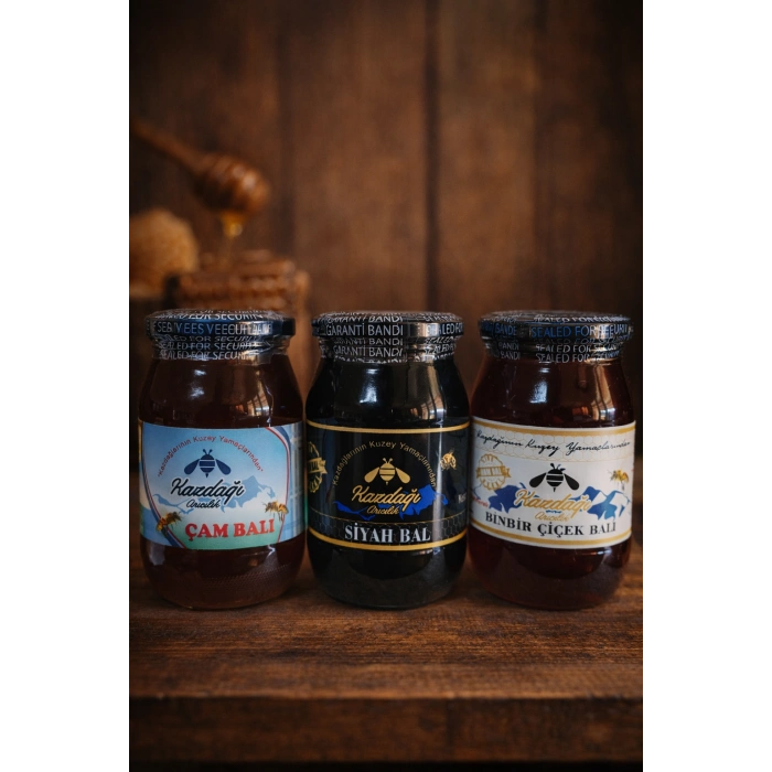 Kazdağı 3lü Bal Seti (Siyah Bal 500g • Çiçek Balı 500g • Çam Balı 500g)