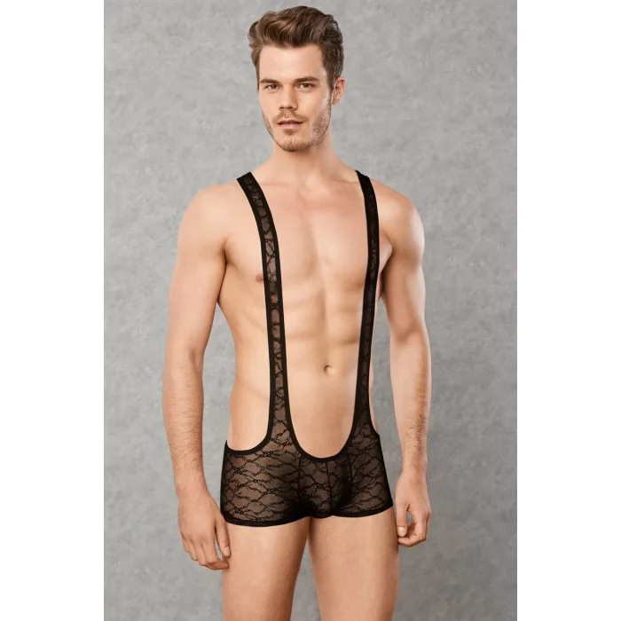 Doreanse 3011 Erkek Siyah Dantelli Transparan Askılı Fantezi Bodysuit