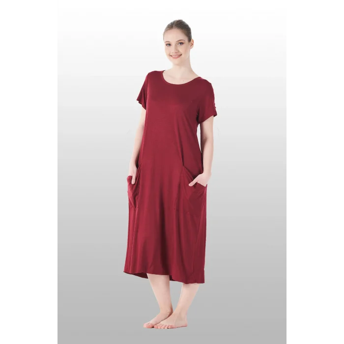 Estiva 25234 Kadın Likra Viskon Kısa Kol Cepli Midi Elbise