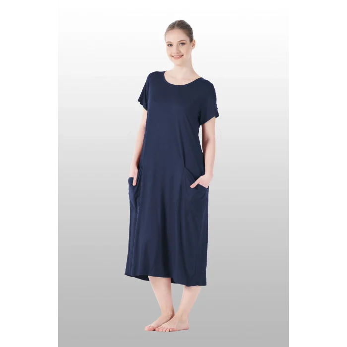 Estiva 25234 Kadın Likra Viskon Kısa Kol Cepli Midi Elbise