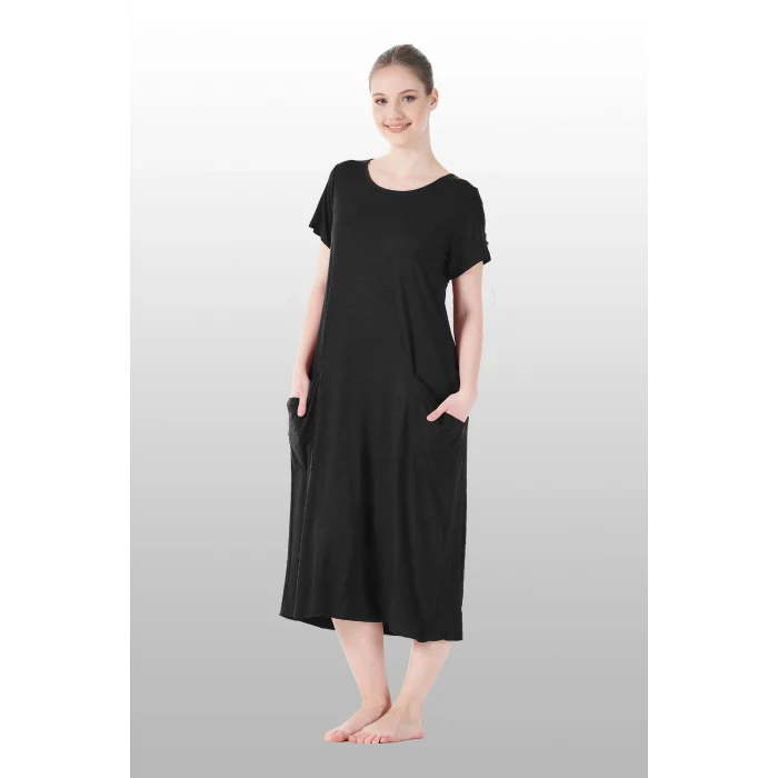 Estiva 25234 Kadın Likra Viskon Kısa Kol Cepli Midi Elbise