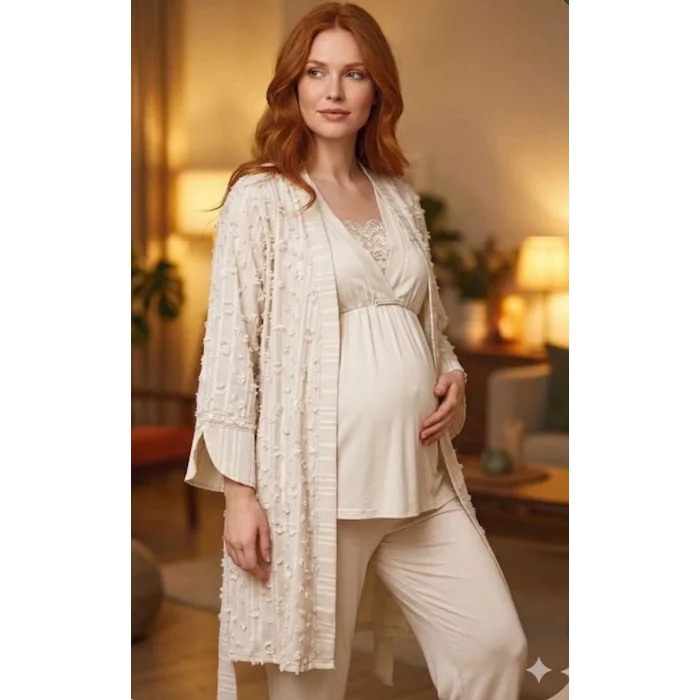 Bone 6209 Kadın 3lü Dokuma Sabahlıklı Lohusa Pijama Takımı