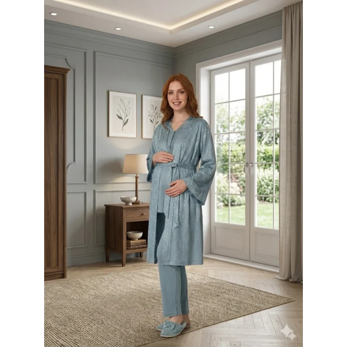 Bone 6201 Kadın Jakar Saten Sabahlıklı Lohusa Pijama Takımı