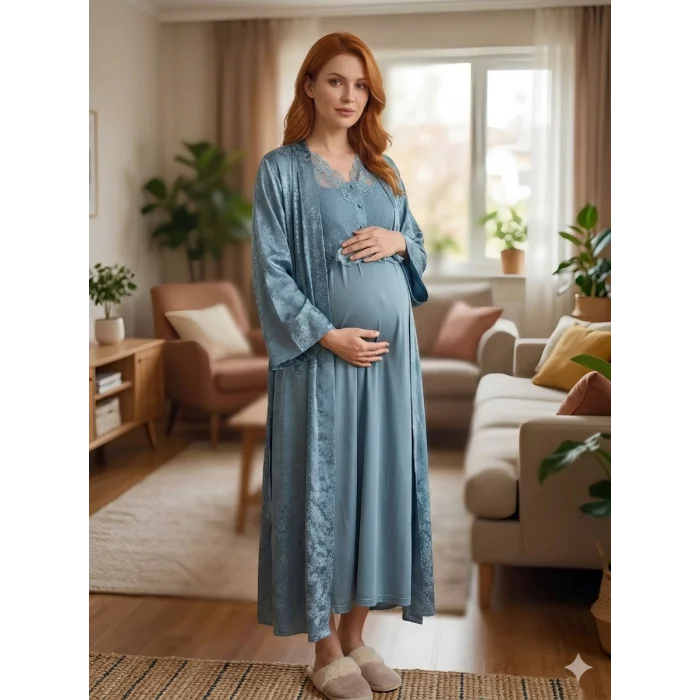 Bone 6202 Kadın Jakar Saten Lohusa Uzun Sabahlıklı Gecelik Takım