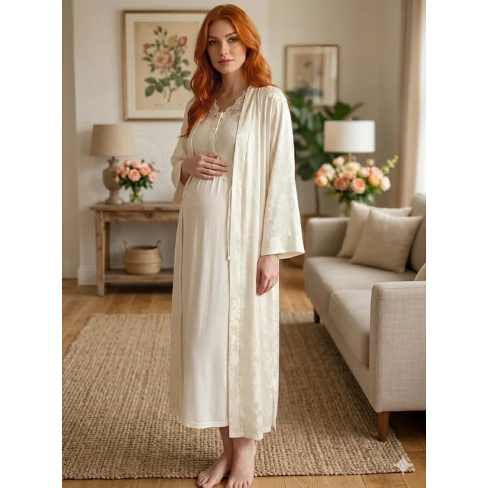 Bone 6202 Kadın Jakar Saten Lohusa Uzun Sabahlıklı Gecelik Takım