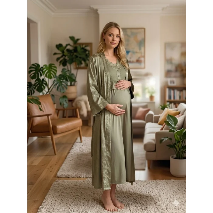 Bone 6202 Kadın Jakar Saten Lohusa Uzun Sabahlıklı Gecelik Takım