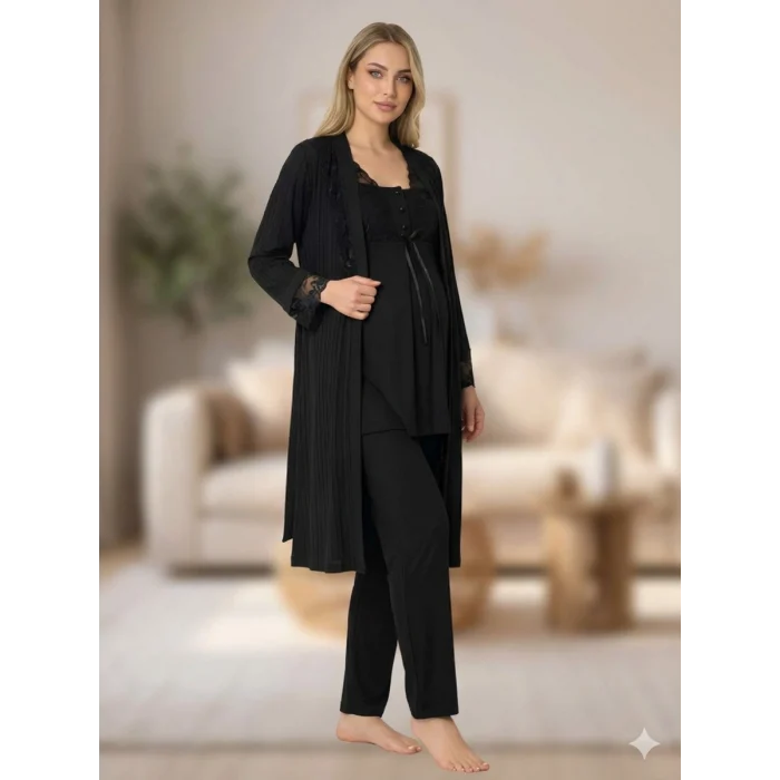 Bone 6205 Kadın 3lü Jakarlı Sabahlıklı Lohusa Pijama Takımı