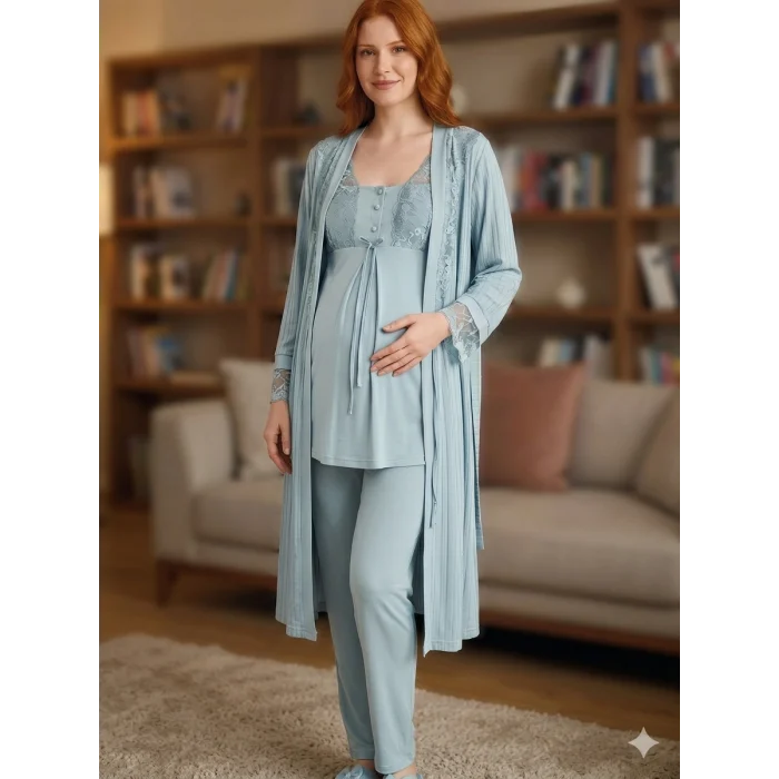Bone 6205 Kadın 3lü Jakarlı Sabahlıklı Lohusa Pijama Takımı