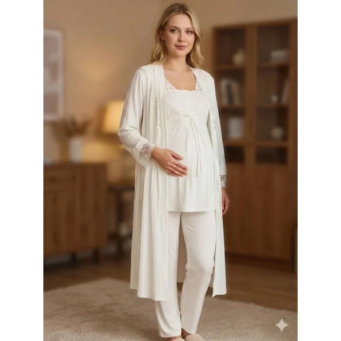 Bone 6205 Kadın 3lü Jakarlı Sabahlıklı Lohusa Pijama Takımı