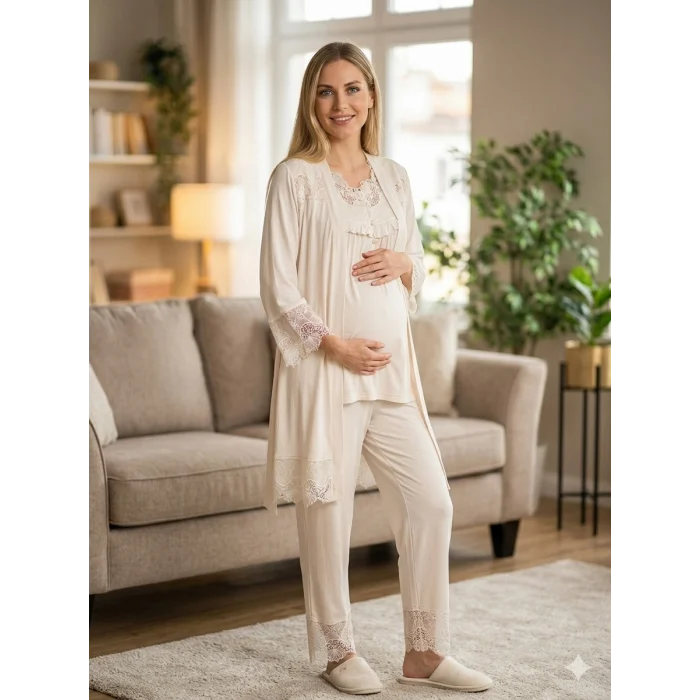 Bone 6216 Kadın 3lü Viskon Sabahlıklı Lohusa Pijama Takımı