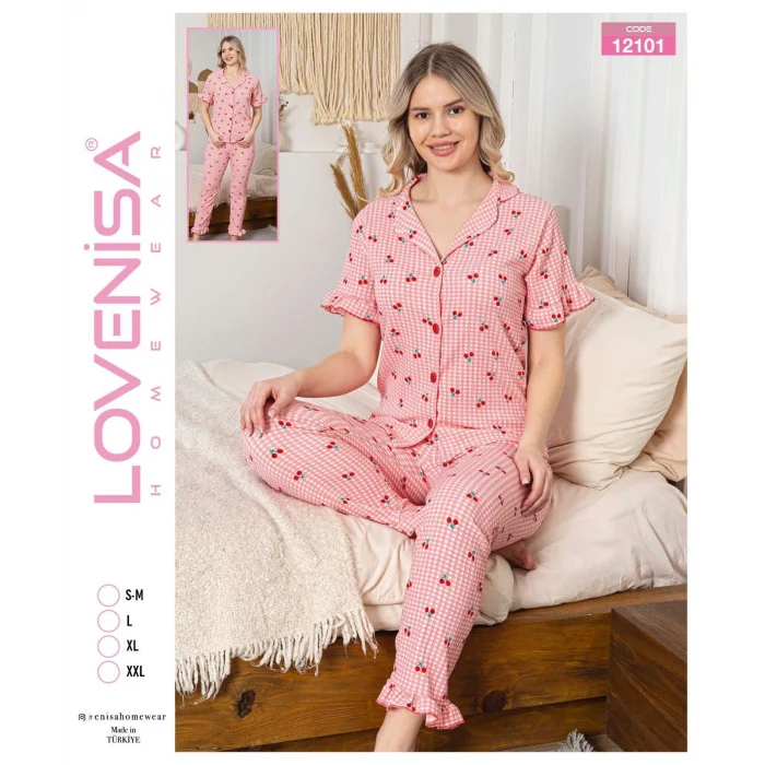 Lovenisa 12101 Kadın Bürümcük Düğmeli Pijama Takımı