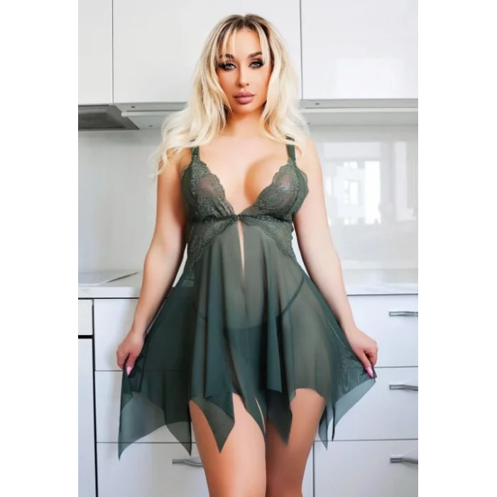 Nightlight 3638-2 Dantel Detay Tül  Derin Yırtmaçlı Gecelik