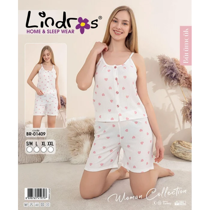 Lindros BR-01409 Kadın İp ASkılı Bürümcük Düğmeli Şort Takım