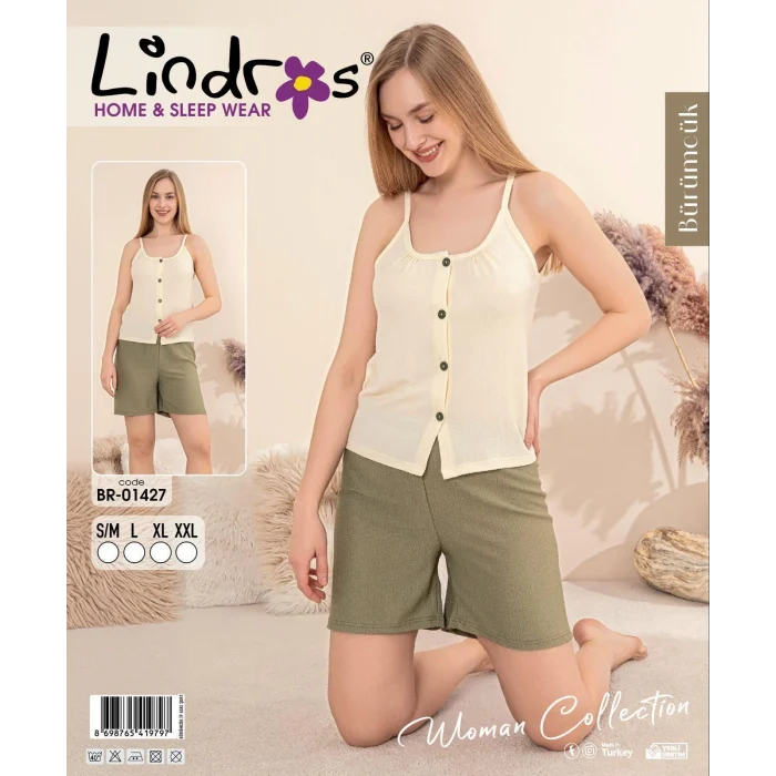 Lindros BR-01427 Kadın İp ASkılı Bürümcük Düğmeli Şort Takım