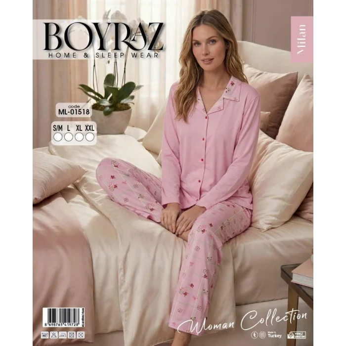 Boyraz ML-01518 Kadın Uzun Kol Boydan Düğmeli Pijama Takımı