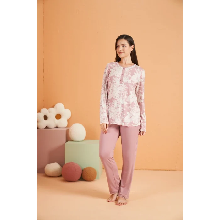 PJS 28016 Kadın Uzun Kol Yarı Patlı Desenli Pijama Takım