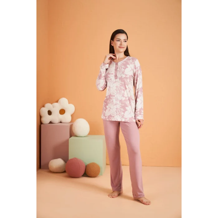 PJS 28016 Kadın Uzun Kol Yarı Patlı Desenli Pijama Takım