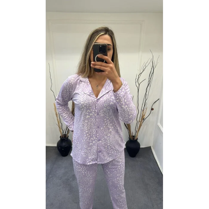 Alissa 6166 Bayan Önü Düğmeli Desenli Pijama Takımı