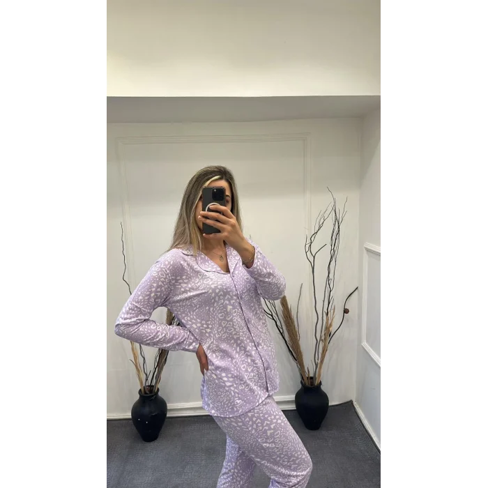 Alissa 6166 Bayan Önü Düğmeli Desenli Pijama Takımı