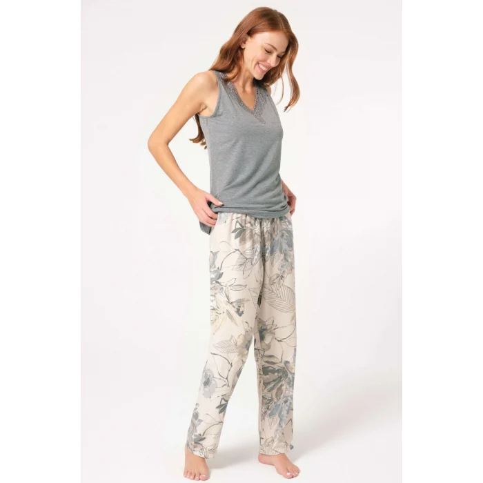 Anıl 5805 Viskon Çiçek Desenli Nakış Detaylı Sabahlıklı Pijama Takımı