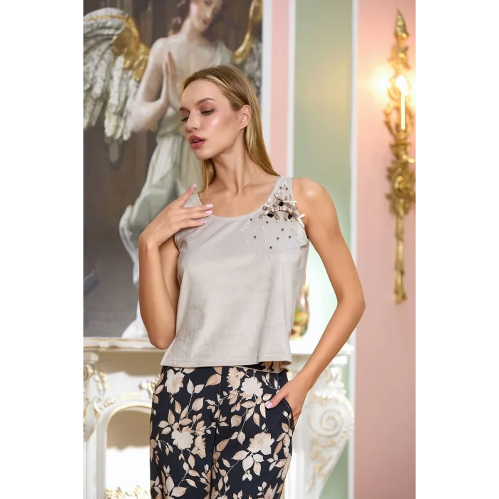 Aqua 25197 Saten Desenli Sabahlıklı 3lü Pijama Takımı