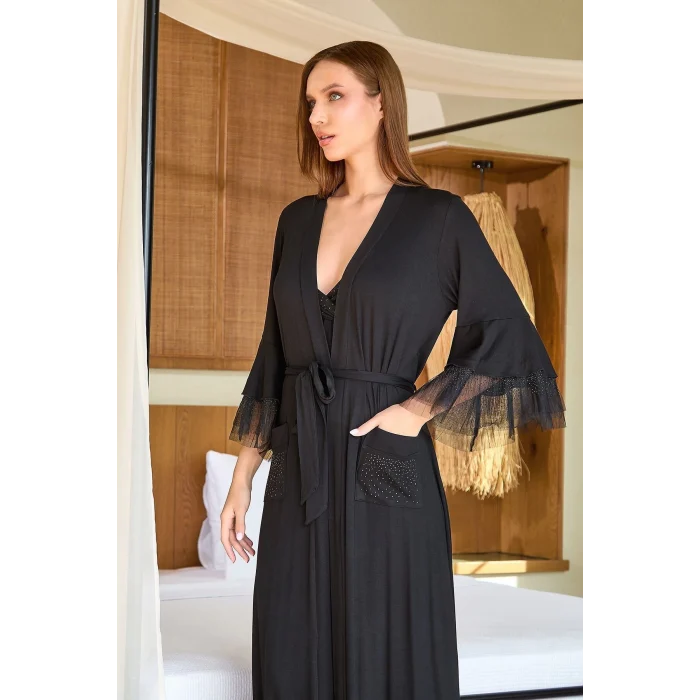 Aqua 25589 Kadın Uzun Şifon Detay Sabahlık