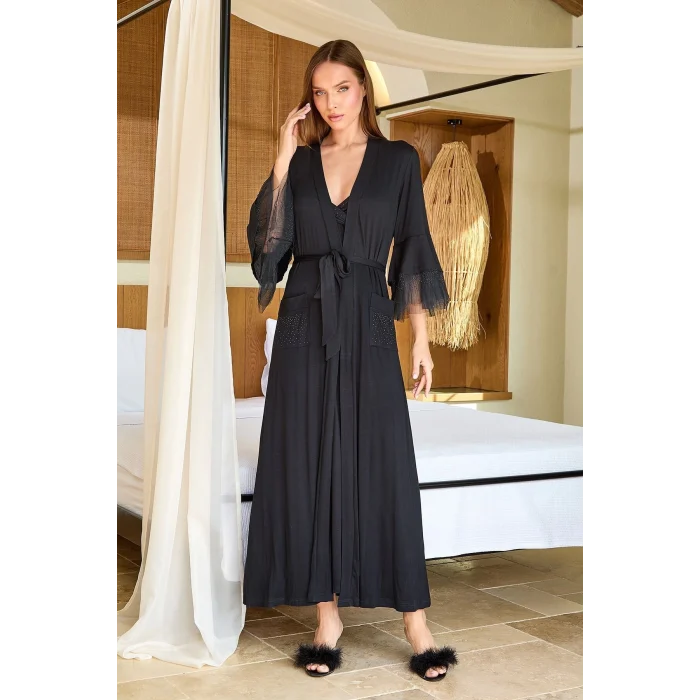 Aqua 25589 Kadın Uzun Şifon Detay Sabahlık