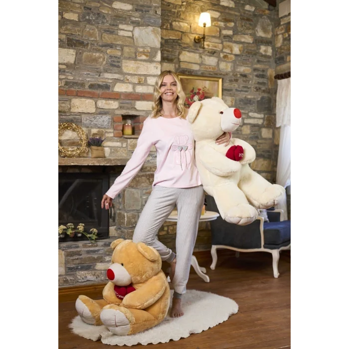 Aqua 26228 Kadın Uzun Kol Ayıcık Detaylı Pijama Takım