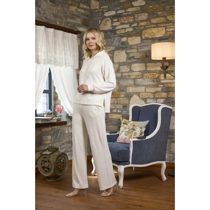 Aqua 26252 Kadın Kapşonlu İnci Detaylı Uzun Kol Pijama Takımı