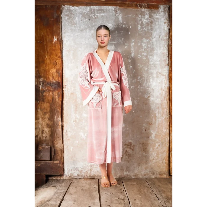 Aqua 26309 Kadın Kadife İşlemeli Uzun Sabahlık